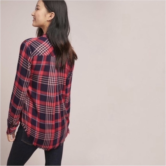 Anthro Cloth & Stone Red Paid Button Down Shirt Frayed Hem - Picture 3 of 11